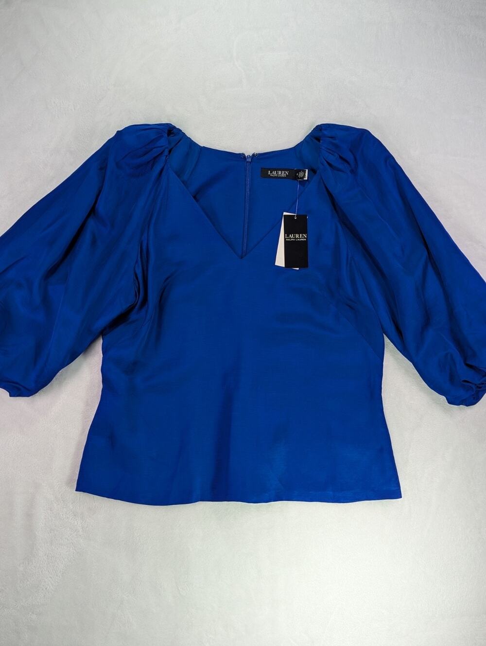 NWT Lauren Ralph Lauren Royal Blue Satin Shantung V-Neck Blouse Top 8